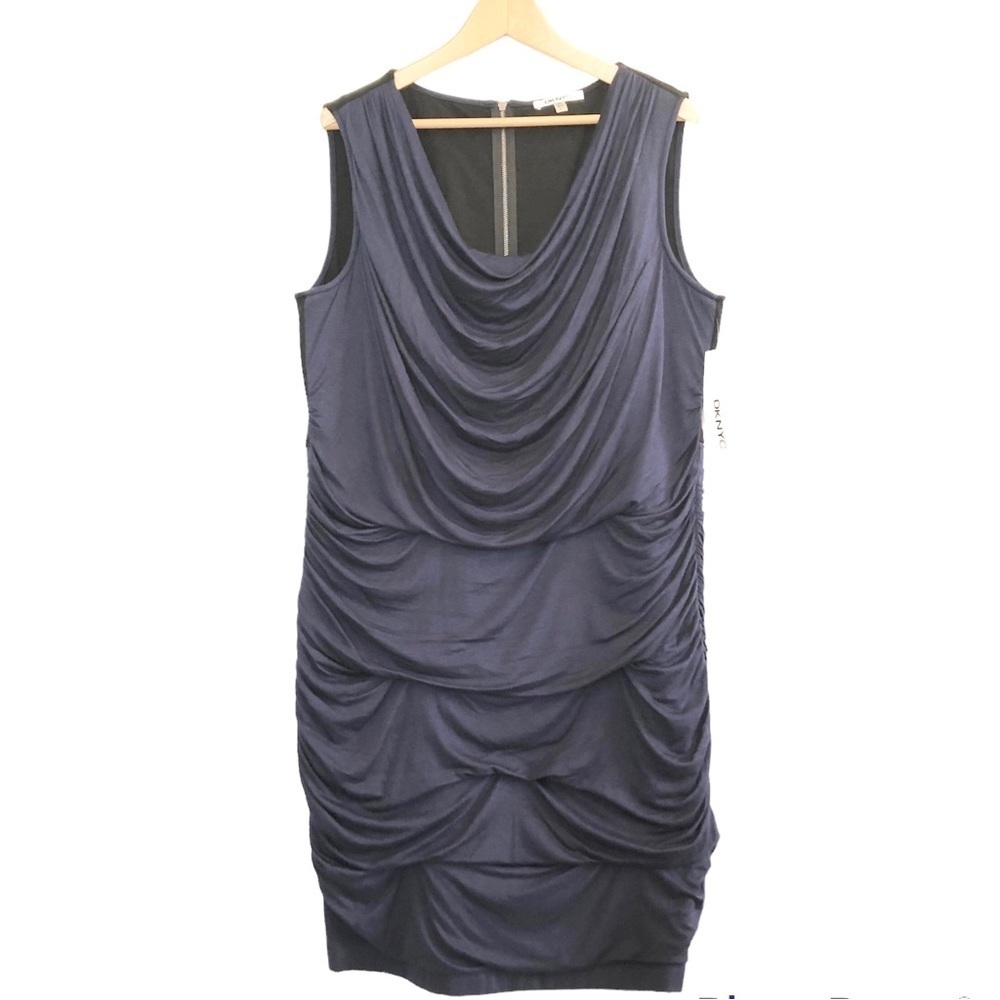🌈 6/$60, NWT, DKNY Navy Blue/Black, Midi Dress, Ruching Detail, Size 18W